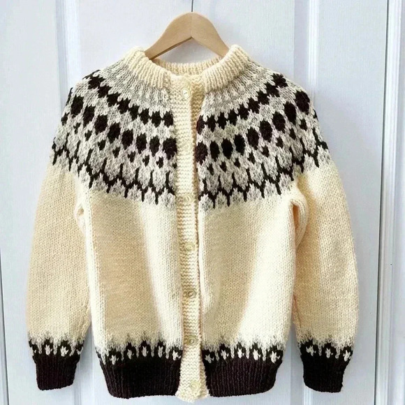 Hand Knit Cardigan Button Up Sweater Fair Isle Yellow and Brown  Size Small - Picture 3 of 13